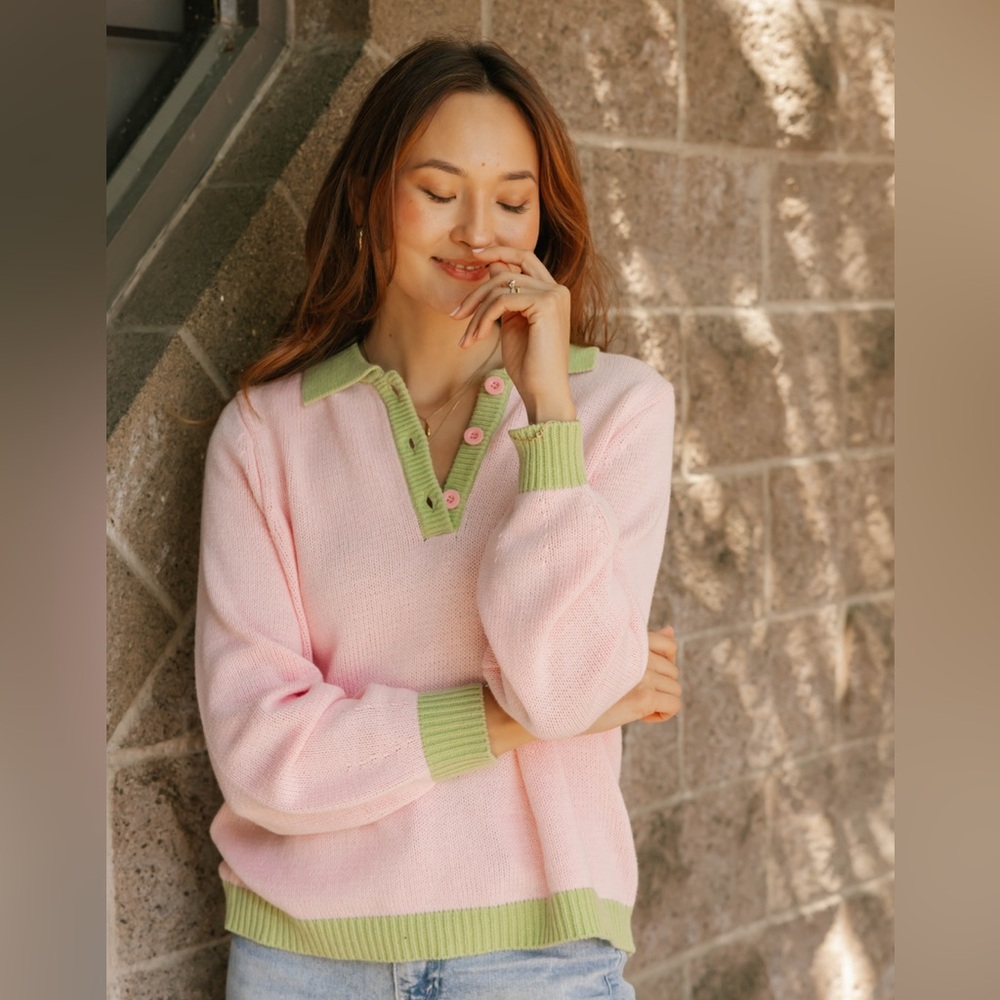 Smash + Tess Pastel Pink V-Neck Sweater with Lime Trim